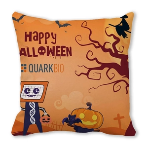 Detail of square Halloween cushion cover featuring cartoon pumpkin and robot on orange fabric