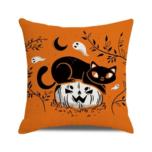 Detailed view of Halloween cushion texture with black cat and pumpkin illustrations