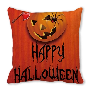 Happy Halloween pumpkin and spider print cushion cover in orange wood texture style