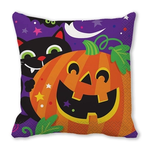 Close-up of Halloween pillowcase featuring black cat, Jack-o'-lantern, and purple stars