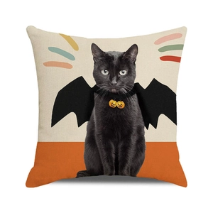 Detailed texture of Halloween pillowcase with black cat, bat wings and pumpkin bowtie