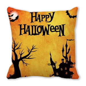 Detail showing Happy Halloween castle and bat print on peach skin fabric cushion