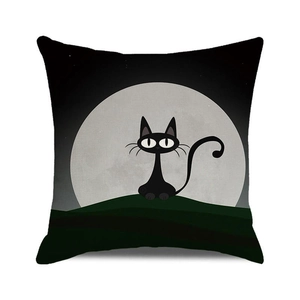 Detail of Halloween black cat and moon print on durable cotton linen pillowcase