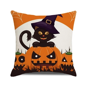 Halloween pillow case featuring cartoon black cat, jack-o'-lantern and spider web design