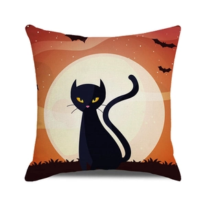 Close-up of Halloween pillowcase showing texture of black cat and moon on canvas fabric