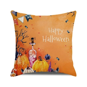 Detail showing high-quality orange Halloween pillow case with pumpkin and Happy Halloween print