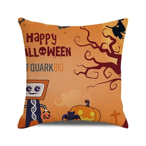 Detail of Happy Halloween pillow case with cartoon witch and pumpkin prints