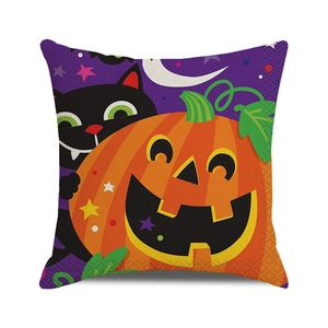 Detail of Halloween pillow case showing canvas texture with pumpkin and black cat print