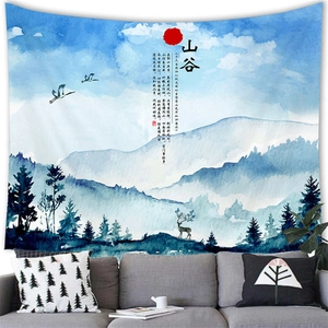 Modern Chinese landscape wall tapestry featuring blue mountains, deer and red sun scenery