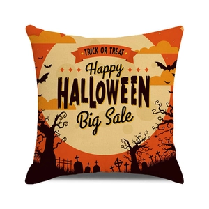 Detail of Halloween pillow case with moon, bats and spooky tree on cotton linen fabric