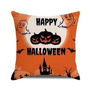 Detail of Happy Halloween pillowcase showing orange castle and pumpkin lamp patterns