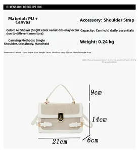 Detail view of bicolor PU canvas handbag showing dimensions 21x14x6cm and metal buckle
