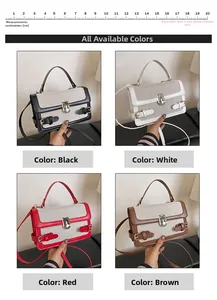 Detail display of four color canvas and leather patchwork crossbody bags with dimensions