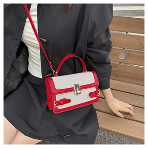 Close-up of red and white canvas handbag with gold metal lock and leather handles