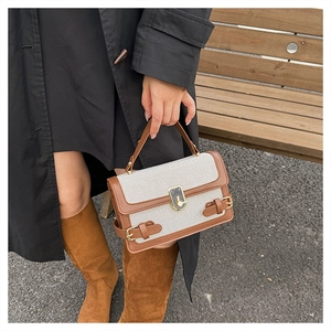 Chic canvas and brown leather crossbody bag with golden twist lock on a handheld shot