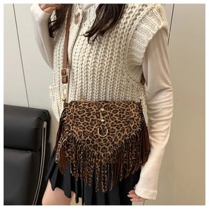 Detail shot of leopard print crossbody bag with gold rivets and long fringe tassels