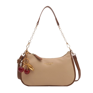 Chic beige lychee leather shoulder bag with cherry charm and gold chain strap accent