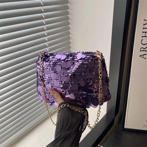 Chic purple sequin chain bag with gold shoulder strap for fashion parties and events
