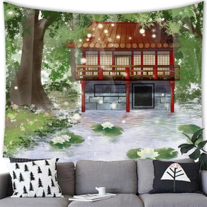 Close-up of a wall tapestry showing a Japanese forest pond with red pagoda and lotuses