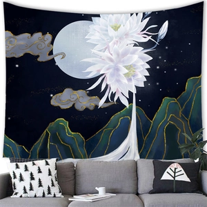 Macro detail of the Chinese landscape tapestry fabric showing soft texture and moon art