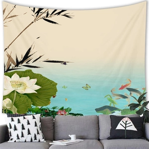 Traditional Chinese ink landscape tapestry with bamboo and koi fish above a sofa