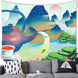 Zen tea culture landscape tapestry with green terrace fields and red sun for wall decor