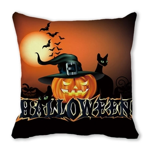 Halloween peach skin pillow featuring a wizard pumpkin, black cats, and a full moon