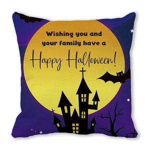 Halloween decorative pillowcase featuring a purple castle and Happy Halloween message