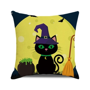 Halloween pillow case featuring black cat with witch hat and full moon illustration