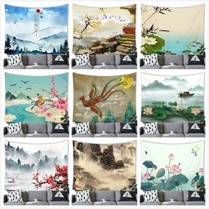 Chinese Ink Landscape Tapestry Polyester Wall Hanging Zen Mountain Lotus Art Decor For Living Room Bedroom Office