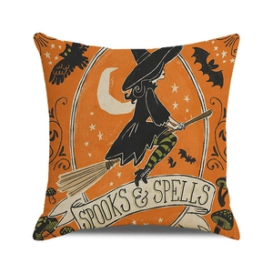 Orange Halloween cushion cover with vintage wizard illustration and Spooks & Spells text