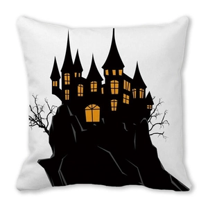 Halloween watercolor black castle silhouette square pillowcase on white peach skin fabric