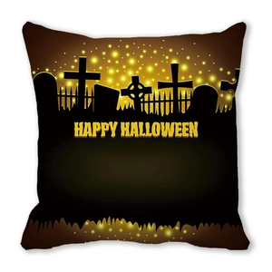Detail of Happy Halloween peach skin pillowcase with watercolor cemetery design