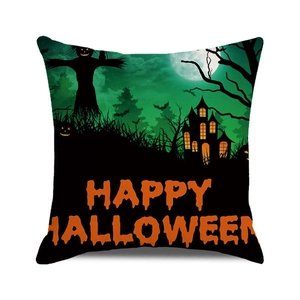 Halloween throw pillow cover featuring a spooky castle and pumpkin design on a green base