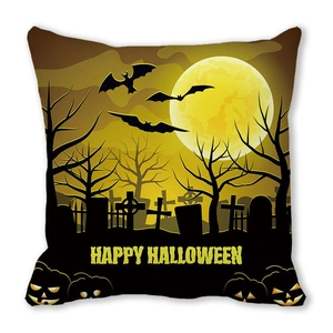 Halloween throw pillow cover featuring watercolor castle, moon, bats and pumpkins