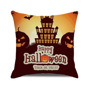Halloween pillow cover with castle pumpkin design and Happy Halloween text decor