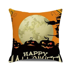 Halloween decorative pillow case with pumpkin, witch, and Happy Halloween text on white