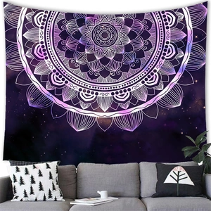 Starry sky mandala tapestry displayed above a sofa in a modern minimalist living room decor