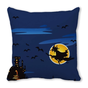 Close-up of Halloween peach skin pillow cover with watercolor castle and flying witch