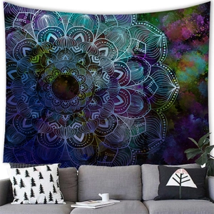 Starry galaxy mandala tapestry hanging above a modern sofa for home wall decor