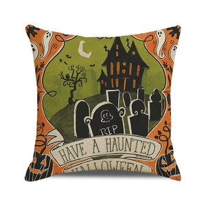 Halloween throw pillow cover featuring haunted house and pumpkin design on linen fabric