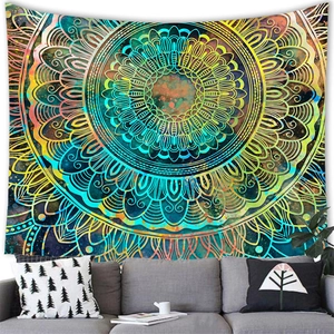 Detailed pattern of Mandala wall tapestry with colorful geometric symmetry in living room