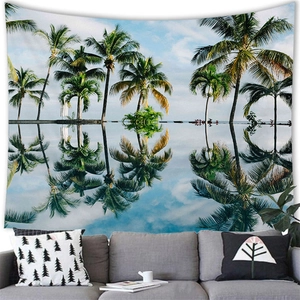 Tropical beach tapestry with coconut trees reflection above a grey sofa for home decor