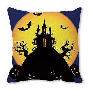 Halloween decorative pillowcase featuring a watercolor castle, pumpkins, and a moonlit night