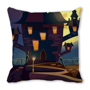 Watercolor Halloween castle design on a square peach skin decorative throw pillow cover