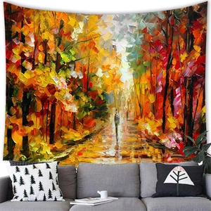 Watercolor autumn forest oil painting wall tapestry above a modern gray sofa