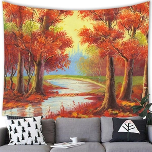 Detailed close-up of a nature landscape tapestry showing vivid autumn forest oil painting