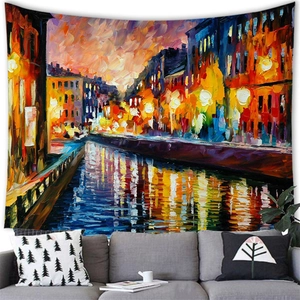 Impressionist city river night scenery tapestry hanging above a modern grey sofa