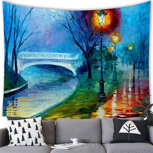 Macro detail of the impressionist river bridge oil painting on a soft wall tapestry