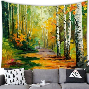 Deep autumn forest oil painting tapestry hanging above a modern sofa for home decor